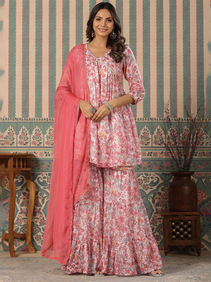 Dhiyona IS Women's Floral Printed V-Neck Gotta Patti Pure Cotton Kurta with Sharara & With Dupatta