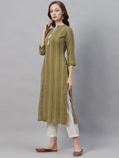 Dhiyona IE Women Olive Green & White Striped Straight Kurta