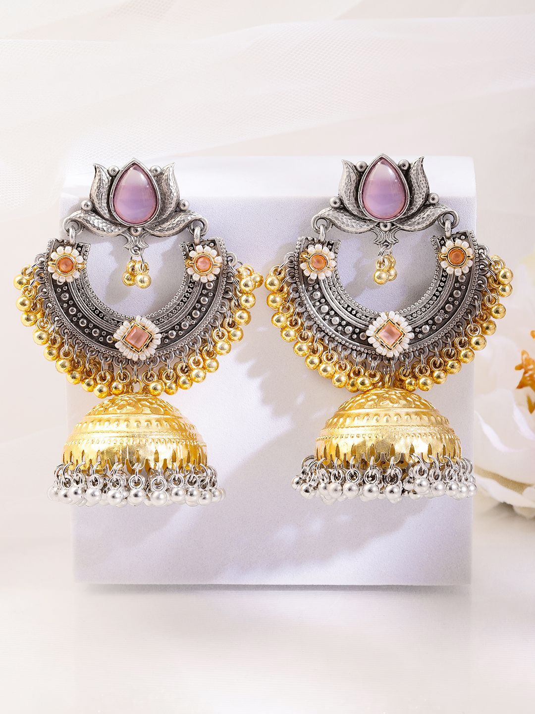Dhiyona RJ Women's Silver & Gold Dual-Plated Oxidised Long Lotus Motif Pink Stone Jhumka Earrings