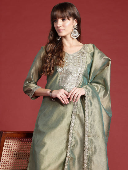 Dhiyona IE Ethnic Motifs Embroidered Sequinned Liva Kurta With Trousers & Dupatta