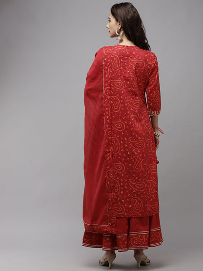 Dhiyona IS Women's Women Red Bandhani Embroidered Regular Aari Work Pure Cotton Kurta with Sharara & With Dupatta