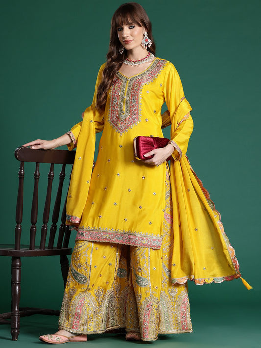 Dhiyona IE Paisley Embroidered Sequinned Kurta with Palazzos & With Dupatta