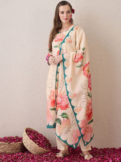 Dhiyona IE Floral Printed V-Neck Beads & Stones Straight Kurta With Trouser And Dupatta