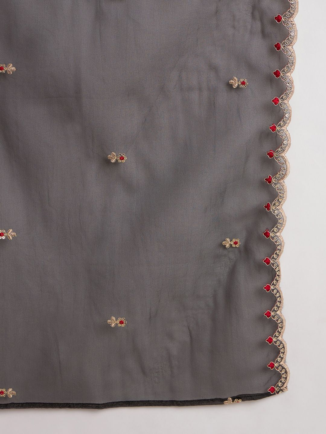 Dhiyona IE Floral Embroidered V-Neck Zari Straight Kurta With Trouser And Dupatta