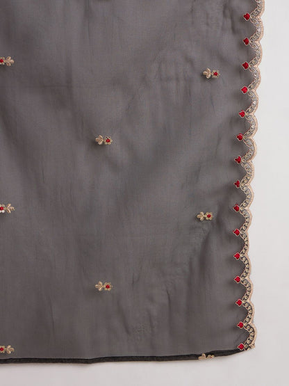 Dhiyona IE Floral Embroidered V-Neck Zari Straight Kurta With Trouser And Dupatta