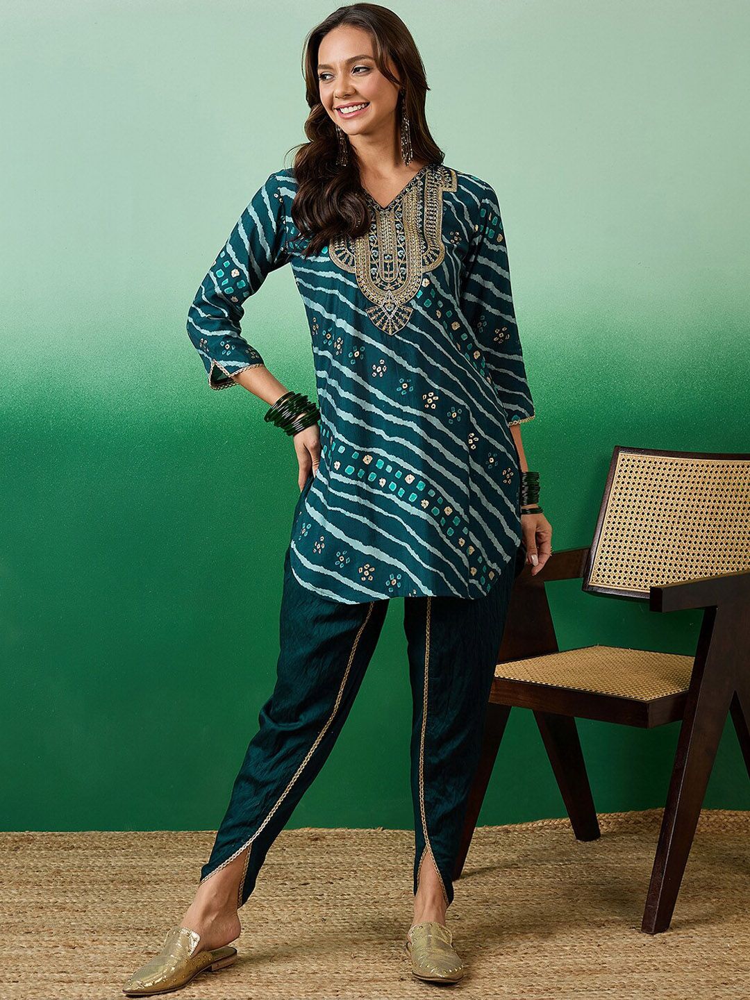 Dhiyona SN Women's Sequence Embroidered V-Neck Kurti With Dhoti Pant