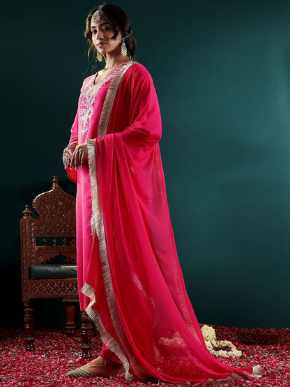 Dhiyona VA Women's Floral Embroidered Regular Kurta with Trousers & With Dupatta