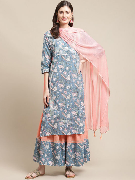 Dhiyona VA Women's Blue Ethnic Motifs Printed Kurta With Palazzos & Dupatta