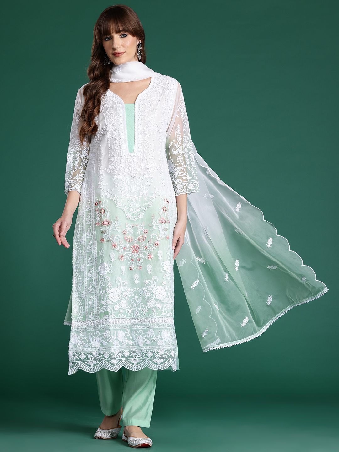 Floral Embroidered Regular Sequinned Kurta With Trousers & Dupatta