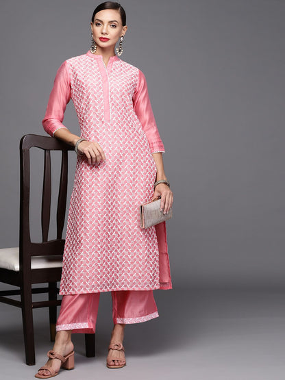 Women Pink & White Ethnic Motifs Embroidered Kurta with Palazzos