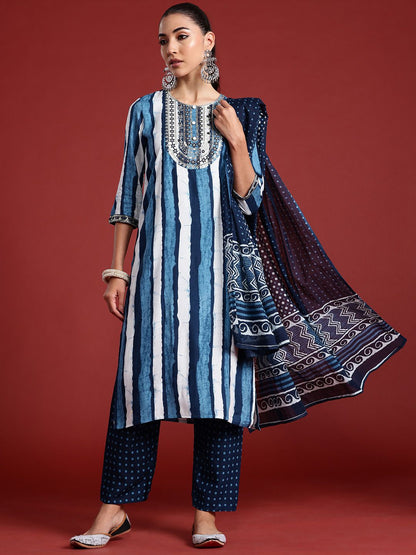Striped Sequinned Kurta With Trousers & Dupatta