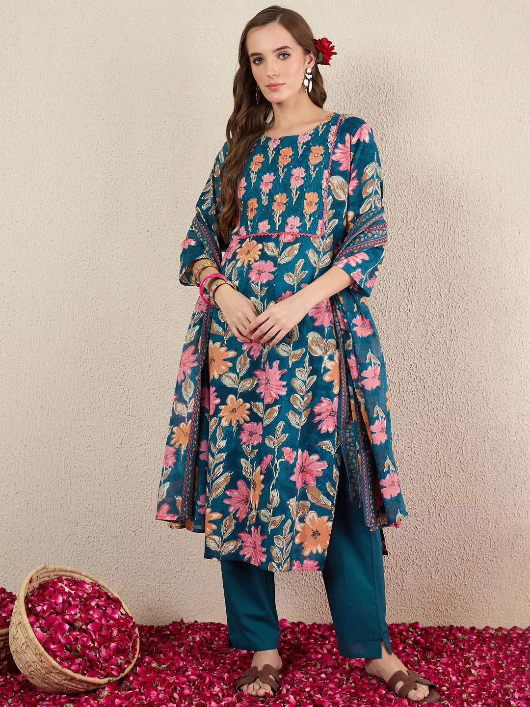 Women Floral Printed Cotton Kurta with Trousers & Dupatta
