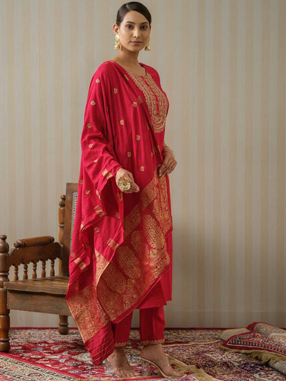 Dhiyona OD  Pink Ethnic Motifs Straight Kurta & Trousers With Dupatta