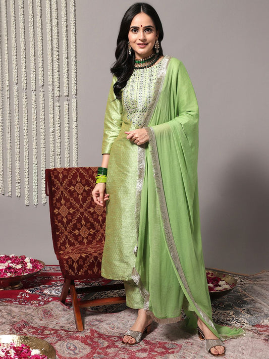 Dhiyona VA Women's Green Ethnic Motifs Gotta Patti Kurta with Trousers & With Dupatta