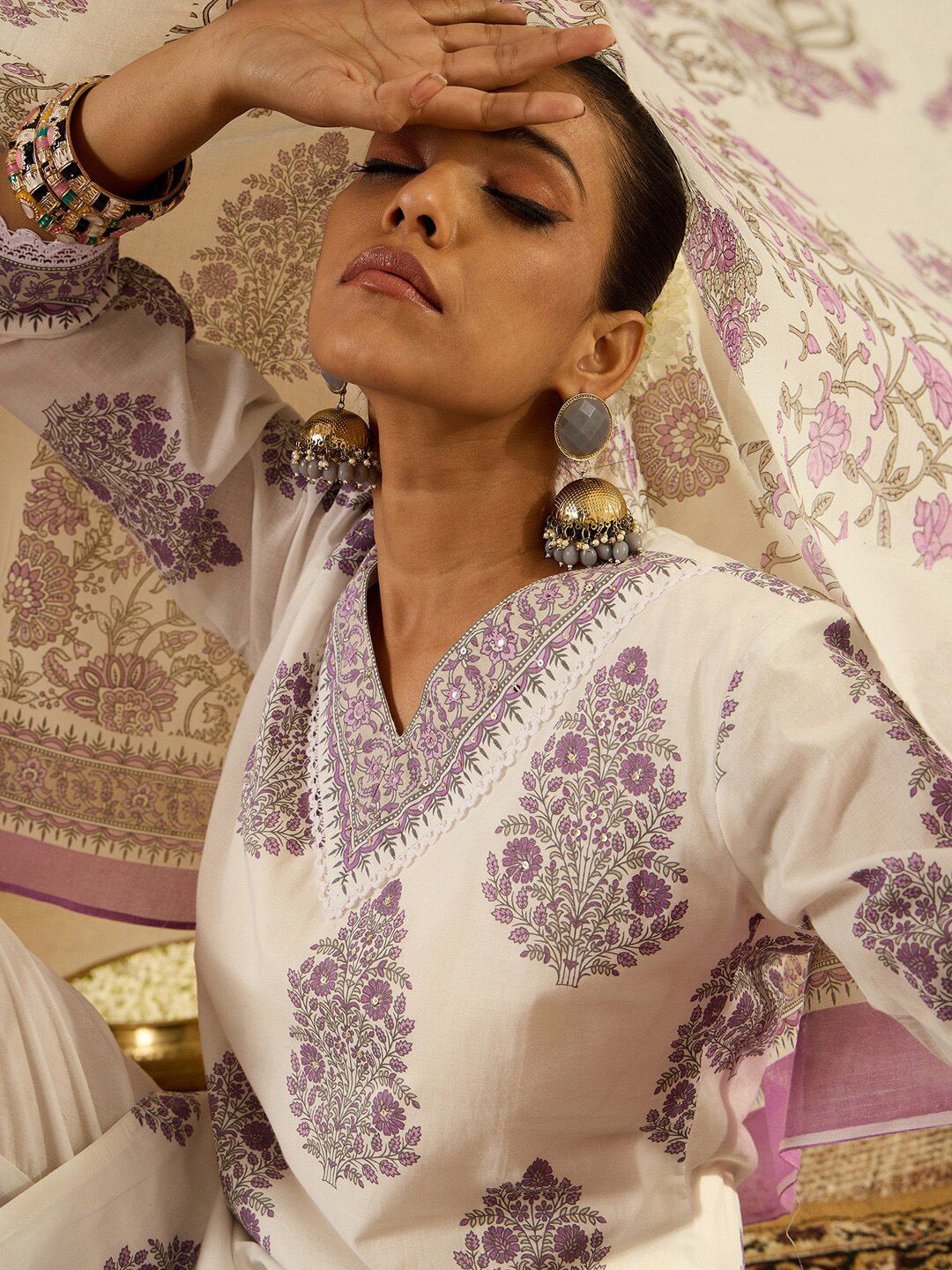 Dhiyona IE Floral Printed Regular Sequinned Pure Cotton Kurta with Trousers & Dupatta