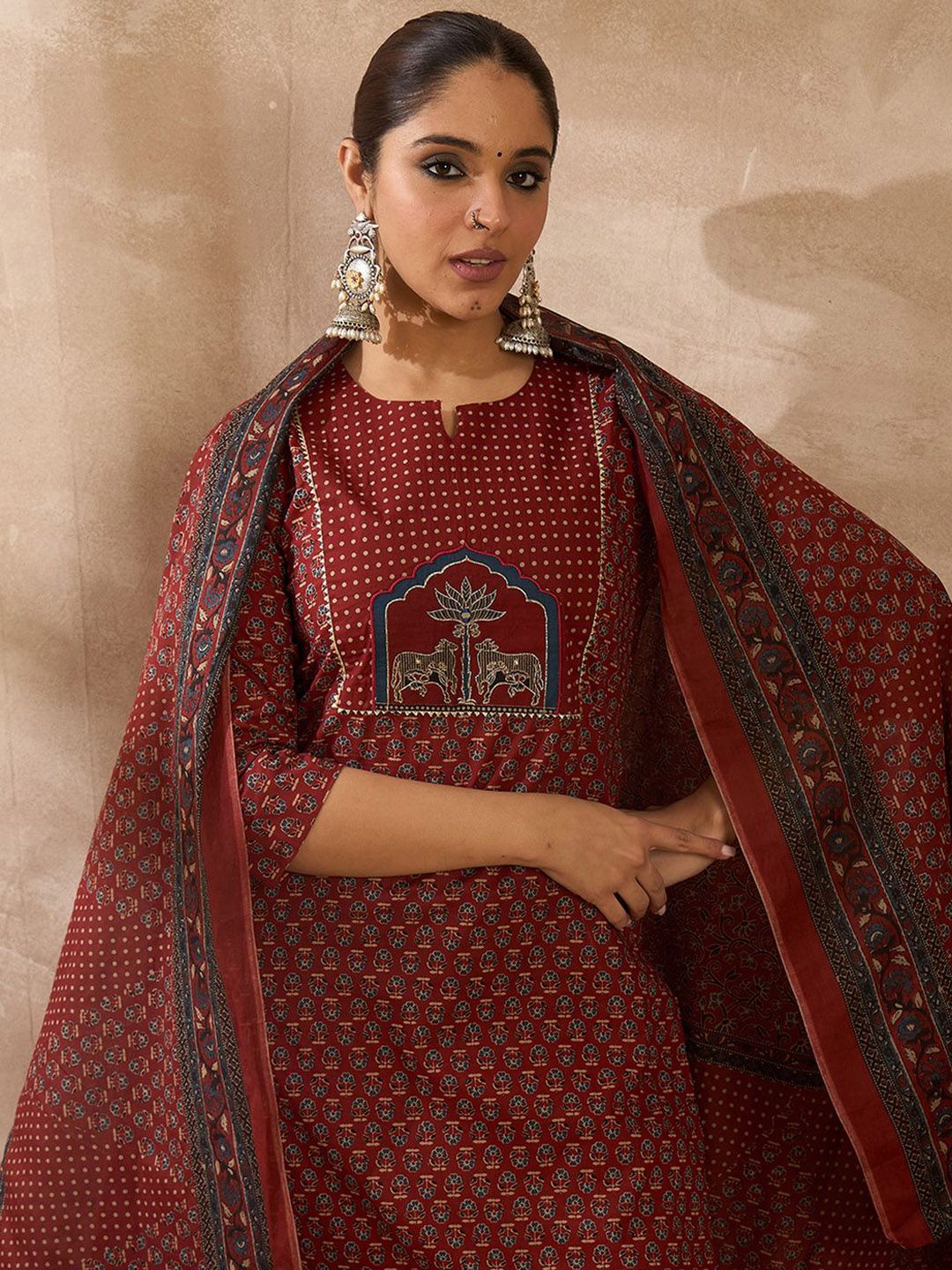 Dhiyona IE Women Ethnic Motifs Printed Regular Pure Cotton Kurta with Trousers & With Dupatta