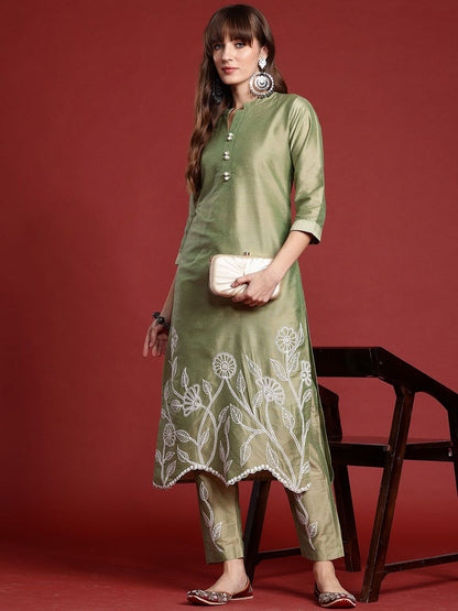 Dhiyona IE Floral Embroidered Mandarin Collar Straight Tunic And Trousers