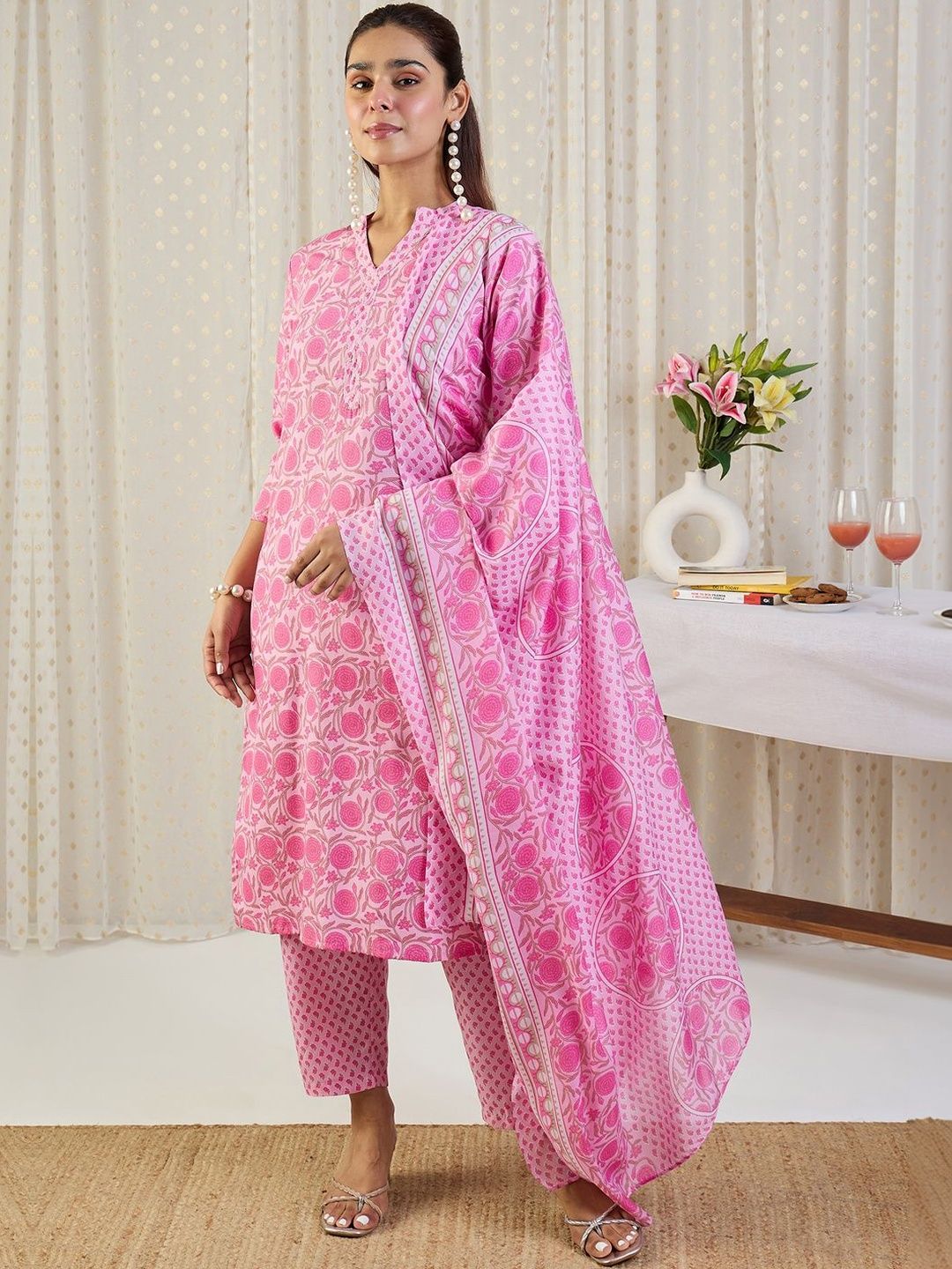 Women Floral Printed Regular Pure Cotton Kurta with Trousers & With Dupatta