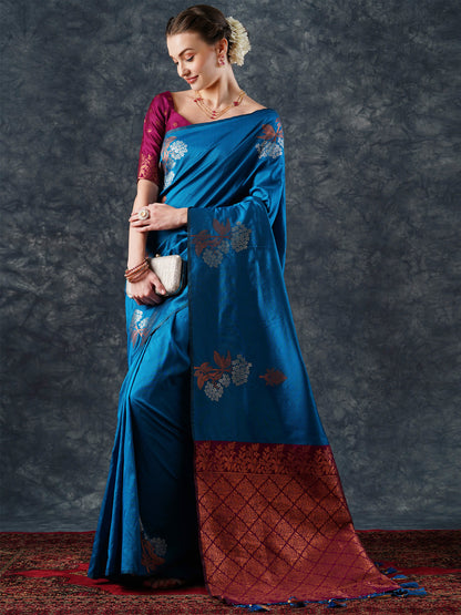 Women's Silk Blend Blue Woven Design Designer Saree With Blouse Piece