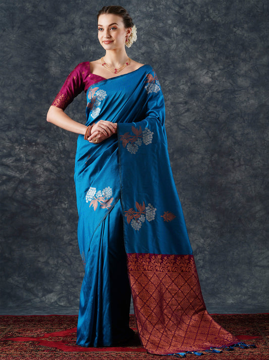 Women's Silk Blend Blue Woven Design Designer Saree With Blouse Piece