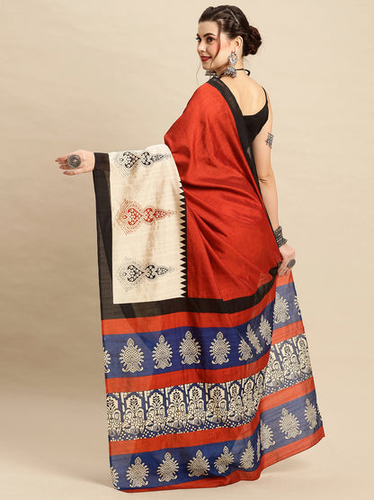 Women's Bhagalpuri Silk Rust Printed Designer Saree With Blouse Piece