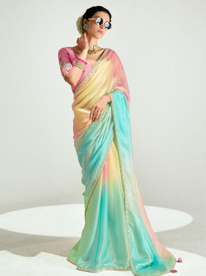 Dhiyona KM Women Rainbow Shade Organza Saree