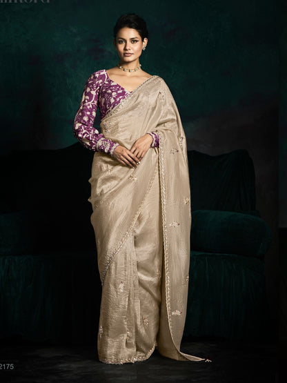 Dhiyona KM Women The Beige Designer Organza Saree: Effortless Elegance For Every Occasion