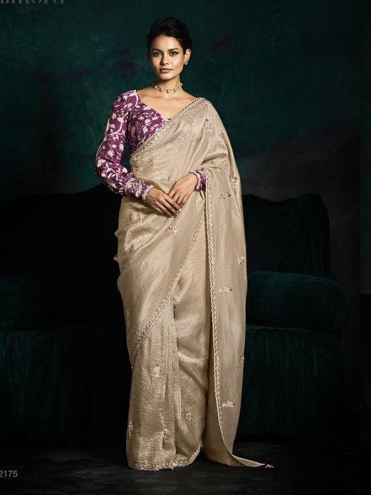 Dhiyona KM Women The Beige Designer Organza Saree: Effortless Elegance For Every Occasion