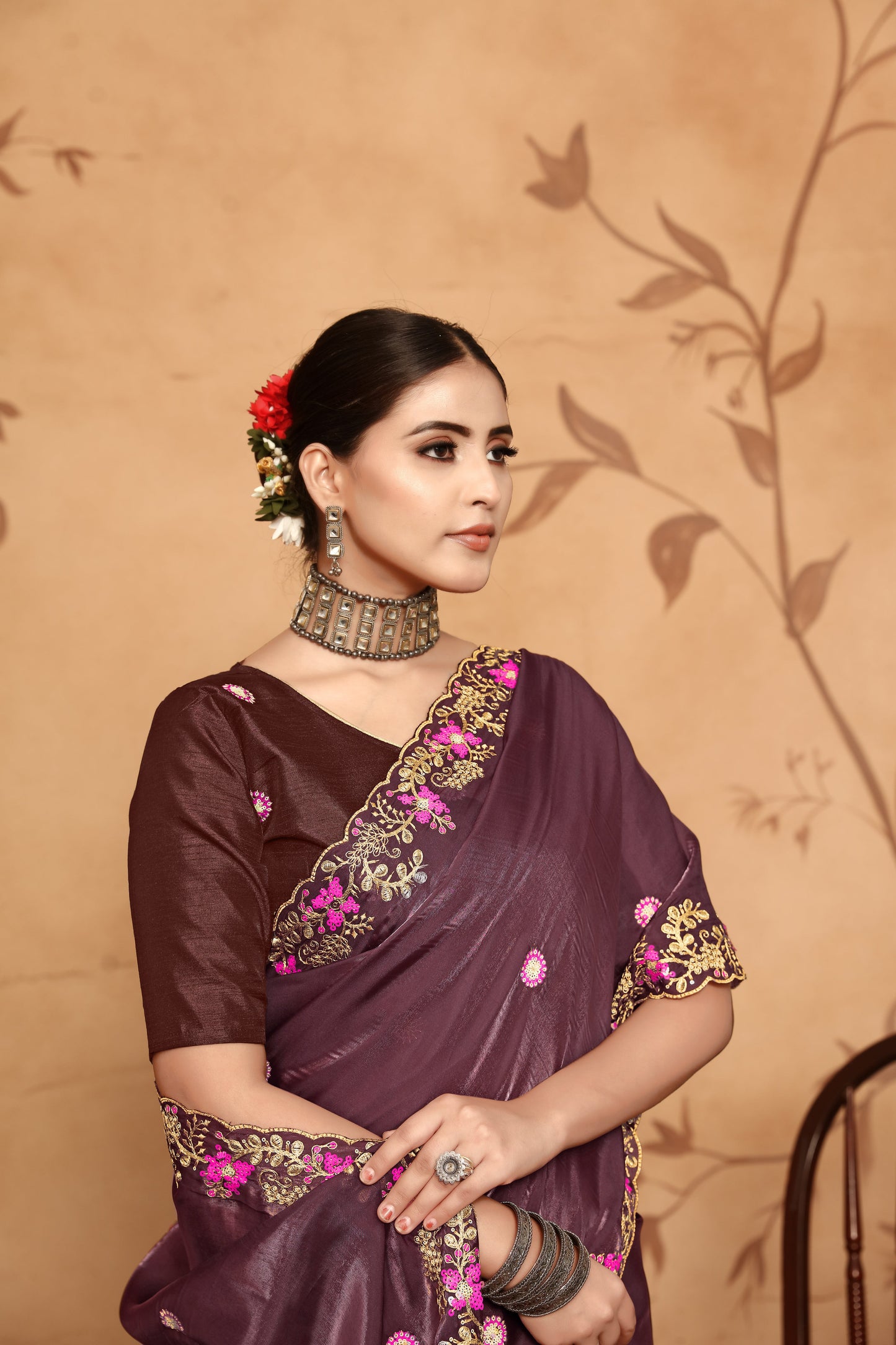 Dhiyona GR Women's Armani Chocolate Brown Jimmi Choo Embroidered Saree