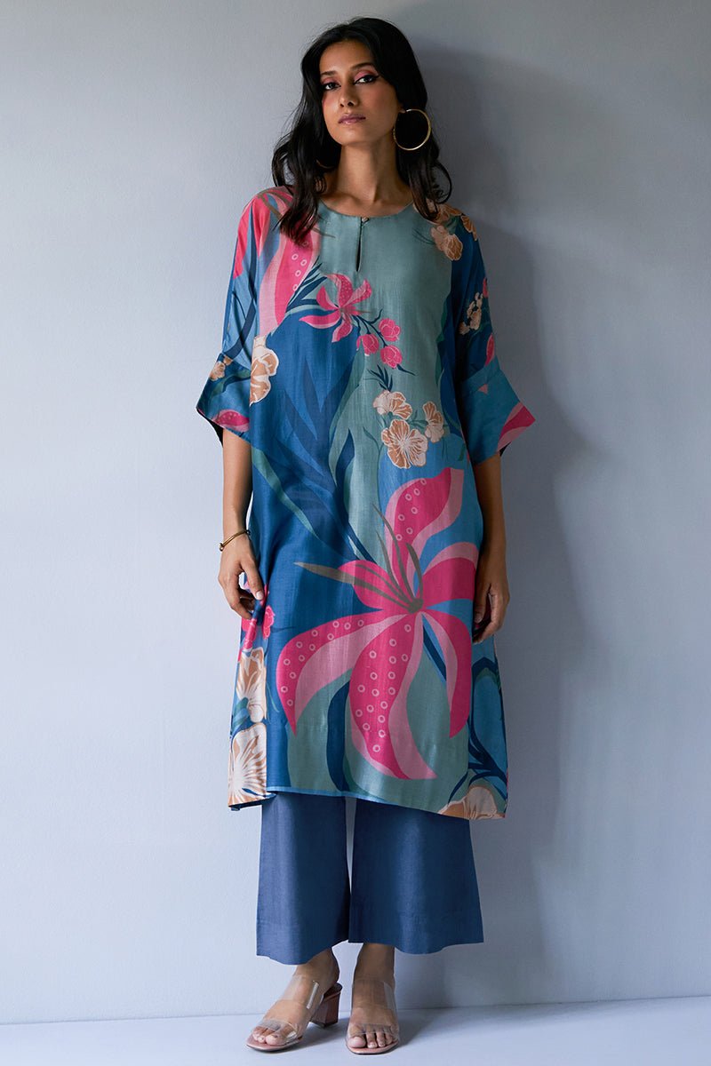 Women's Midnight Blue, Pink and Pistachio Mix Colour Bemberg Silk Printed Co-ord Set