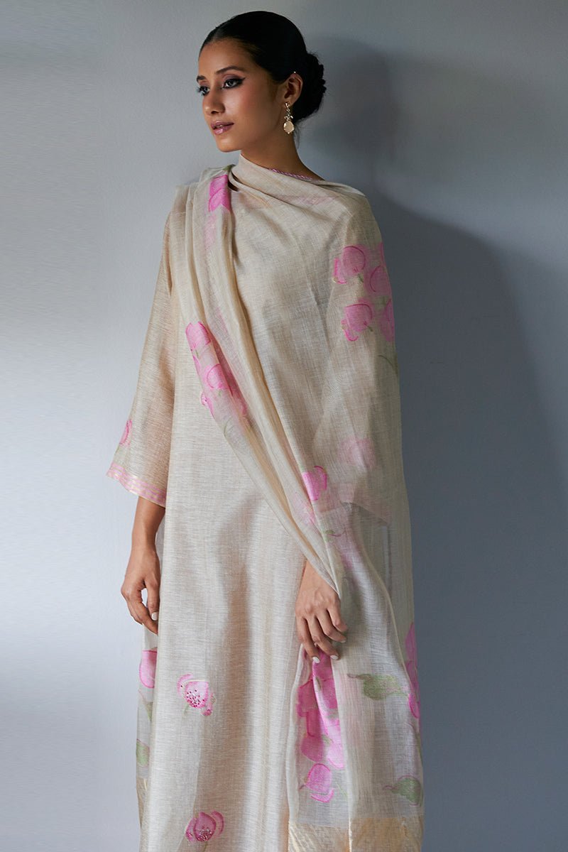 Women's Beige and Pink Woven Viscose Chanderi Kurta Suit Set With Delicate Hand Work Detailing