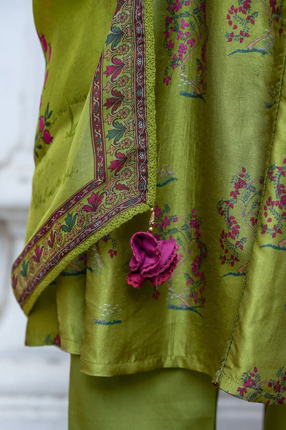 Women's Henna Green Raw Silk Salwar Suit With Organza Dupatta