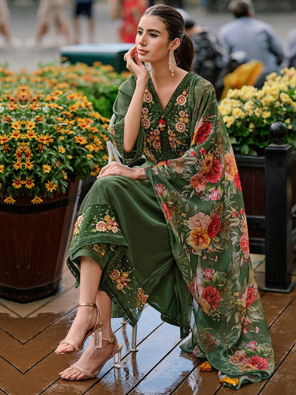 Floral Yoke Design Thread Work A-Line Kurta With Trousers & Dupatta