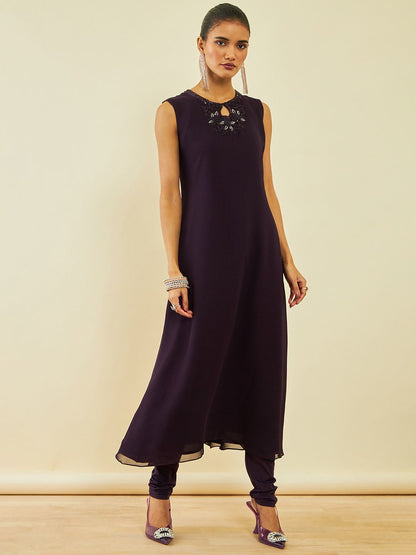 Dhiyona SO Women's Burgundy Embroidered Regular Beads and Stones Kurta with Churidar & Dupatta
