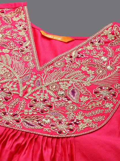 Dhiyona IE Ethnic Motifs Yoke Design A-Line Sequined Kurta with Palazzos & Dupatta