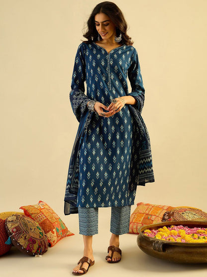 Dhiyona IE Teal blue Ethnic Motifs Printed Pure Cotton Kurta with Trouser & Dupatta