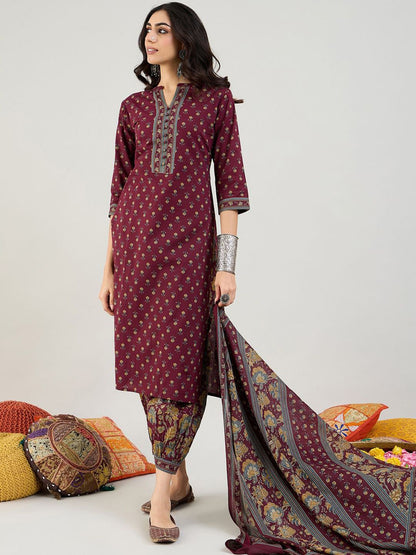 Dhiyona IE Burgundy Floral Printed Mandarin Collar Pure Cotton Kurta with Salwar & Dupatta