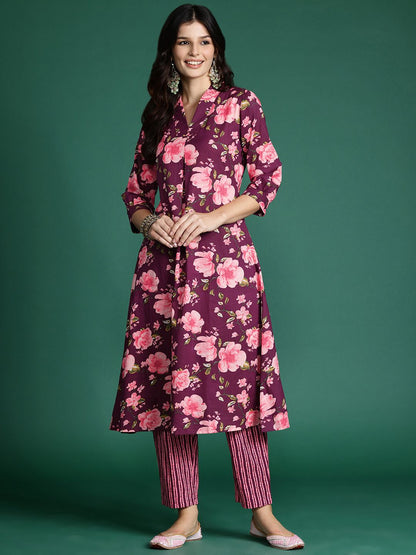 Dhiyona IE Women Floral Printed Regular Pure Cotton Kurta with Trousers