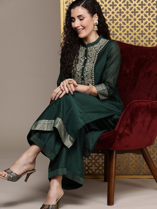 Dhiyona PD Women Women Jashn Paisley Yoke Design Zari Work Regular Kurta With Palazzos