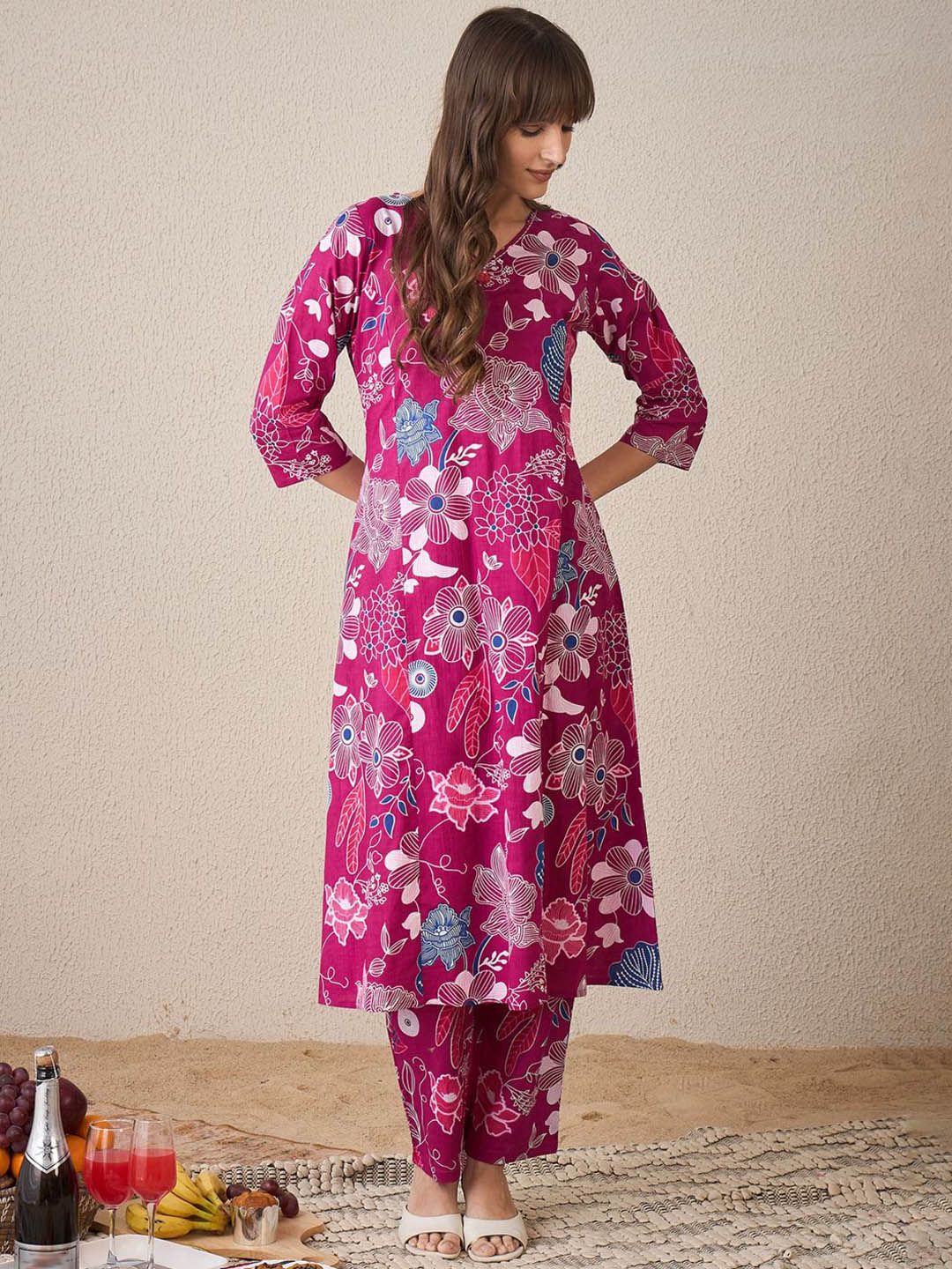 Women Floral Printed Regular Pure Cotton Kurta with Trousers