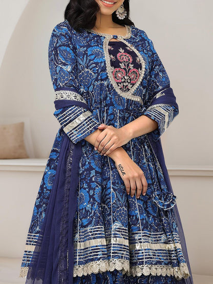 Dhiyona IS Women's Floral Printed A-Line Pure Cotton Gotta Patti Kurta with Sharara & Dupatta