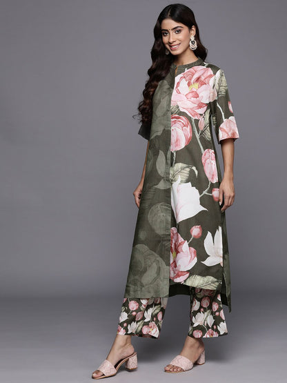 Dhiyona VA Women's Floral Printed Asymmetric Hem Straight Woolen Kurta with Printed Bottom