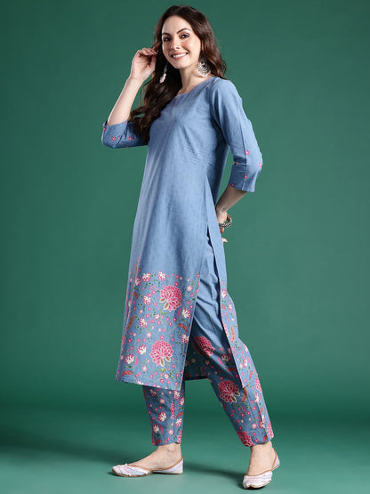 Dhiyona IE Floral Printed Regular Sequinned Pure Cotton Kurta with Trousers