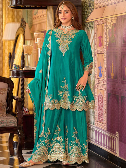 Floral Embroidered Sequinned Chinon A-Line Kurta With Palazzos & Dupatta