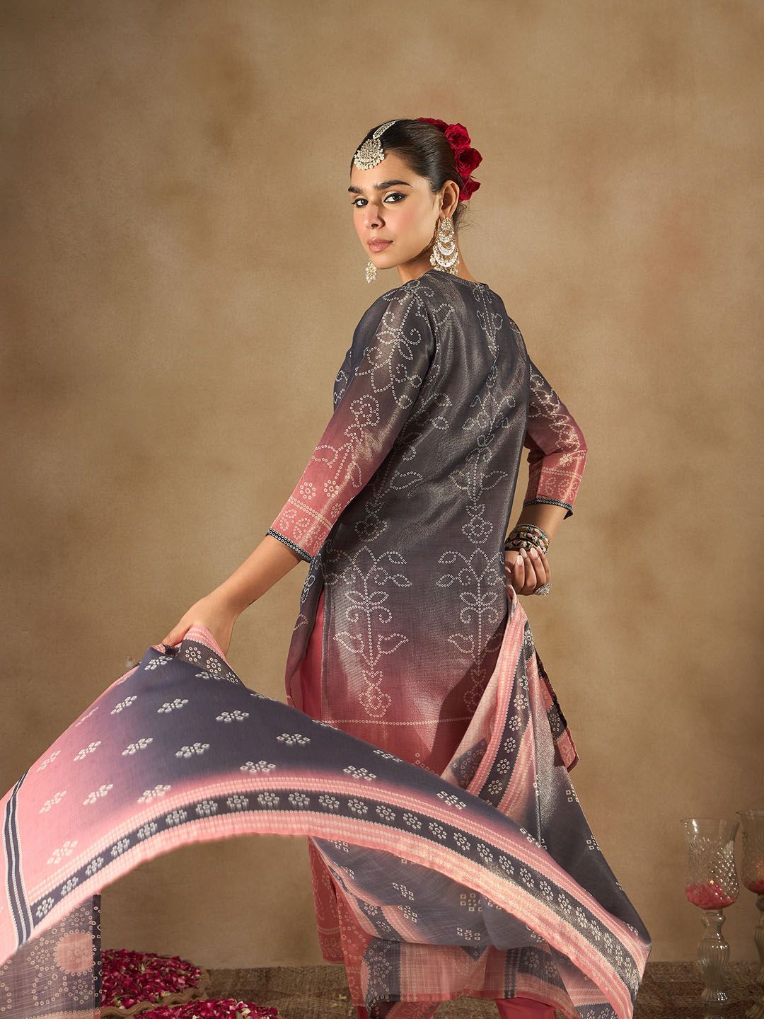 Women Bandhani Embroidered Regular Sequinned Kurta with Trousers & With Dupatta