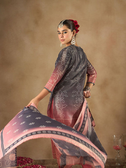 Women Bandhani Embroidered Regular Sequinned Kurta with Trousers & With Dupatta