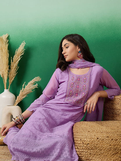 Dhiyona SN Women's Embroidered A-Line Kurta With Trouser & Dupatta