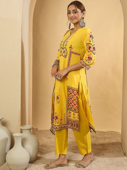 Dhiyona IE Ethnic Motifs Printed V-Neck Pure Cotton Straight Kurta With Trousers & Dupatta