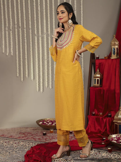 Dhiyona VA Women'sMustard Yellow Ethnic Motifs Embroidered Kurta with Palazzos & With Dupatta