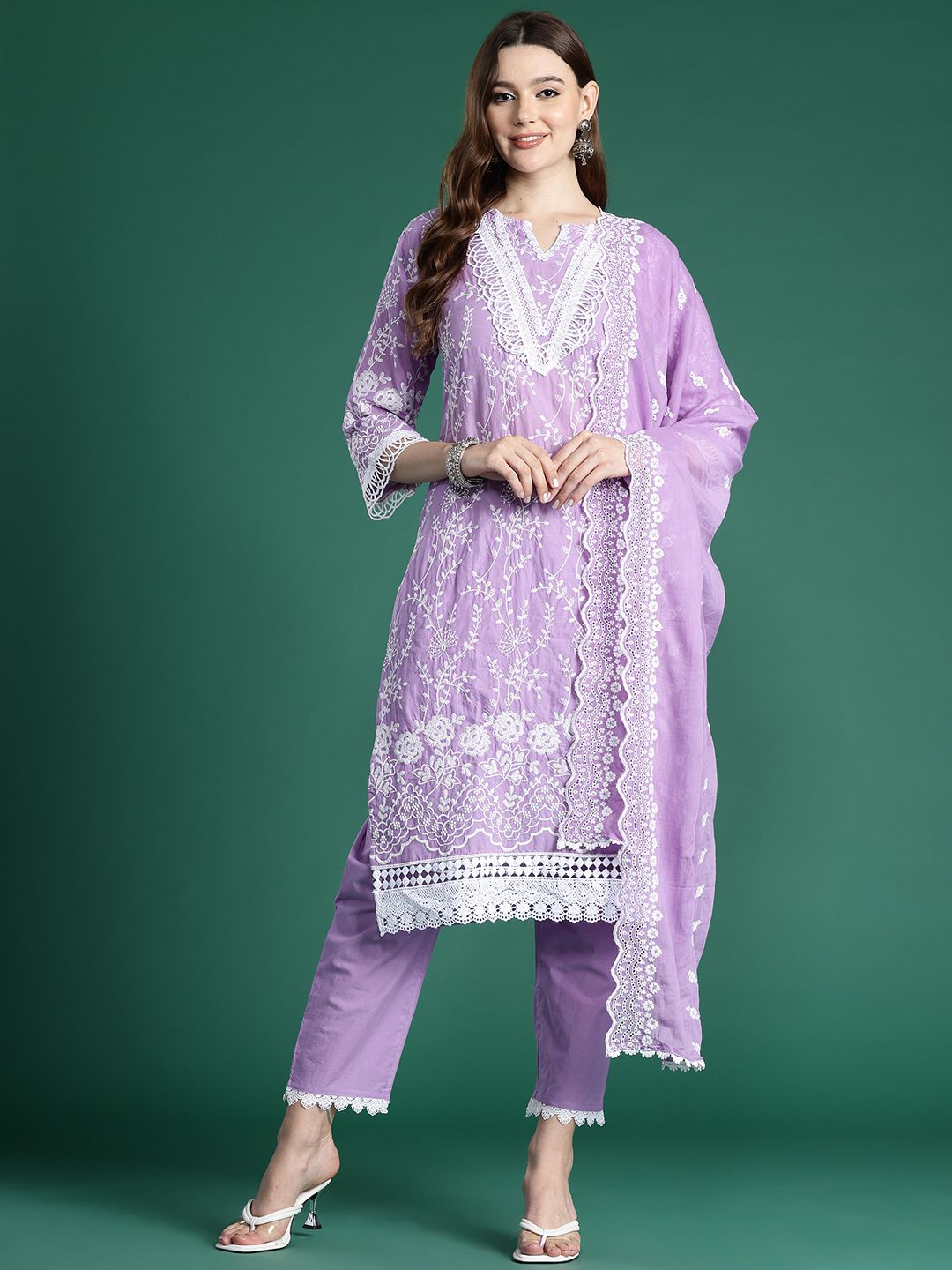 Dhiyona IE Floral Embroidered Thread Work Pure Cotton Kurta with Trousers & With Dupatta